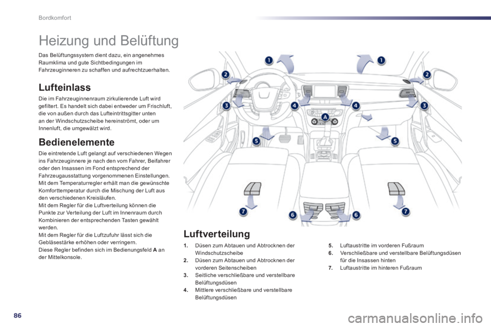 Peugeot 508 2014  Betriebsanleitung (in German) 86
Bordkomfort
508_de_Chap03_confort_ed01-2014_CA
         Heizung und Belüftung 
  Lufteinlass 
 Die im Fahrzeuginnenraum zirkulierende Luft wird gefilter t. Es handelt sich dabei entweder um Frisch