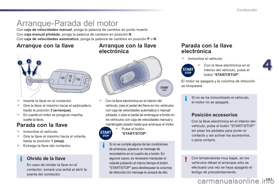 Peugeot 508 2014 Manual del propietario (in Spanish) 4
101
Conducción
508_es_Chap04_conduite_ed01-2014
Arranque-Parada del motor Con caja de velocidades manual , ponga la palanca de cambios en punto muerto. Con caja manual pilotada , Peugeot 508 2014 Manual del propietario (in Spanish) 4
101
Conducción
508_es_Chap04_conduite_ed01-2014
Arranque-Parada del motor Con caja de velocidades manual , ponga la palanca de cambios en punto muerto. Con caja manual pilotada ,