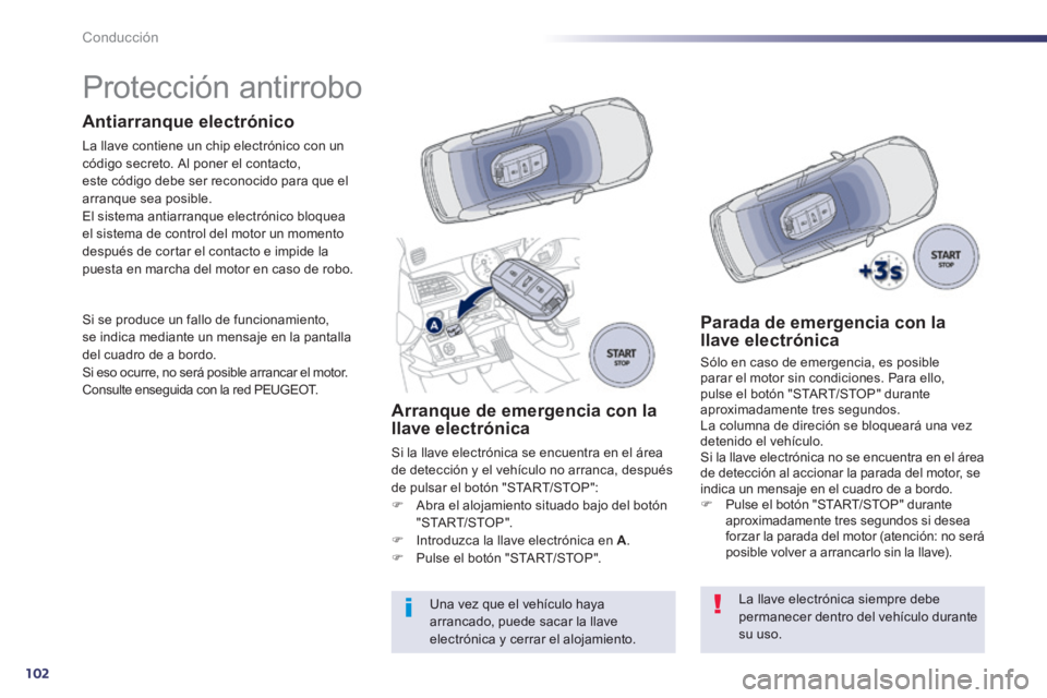 Peugeot 508 2014 Manual del propietario (in Spanish) 102
Conducción
508_es_Chap04_conduite_ed01-2014
Protección antirrobo
Antiarranque electrónico
La llave contiene un chip electrónico con un código secreto. Al poner el contacto Peugeot 508 2014 Manual del propietario (in Spanish) 102
Conducción
508_es_Chap04_conduite_ed01-2014
Protección antirrobo
Antiarranque electrónico
La llave contiene un chip electrónico con un código secreto. Al poner el contacto