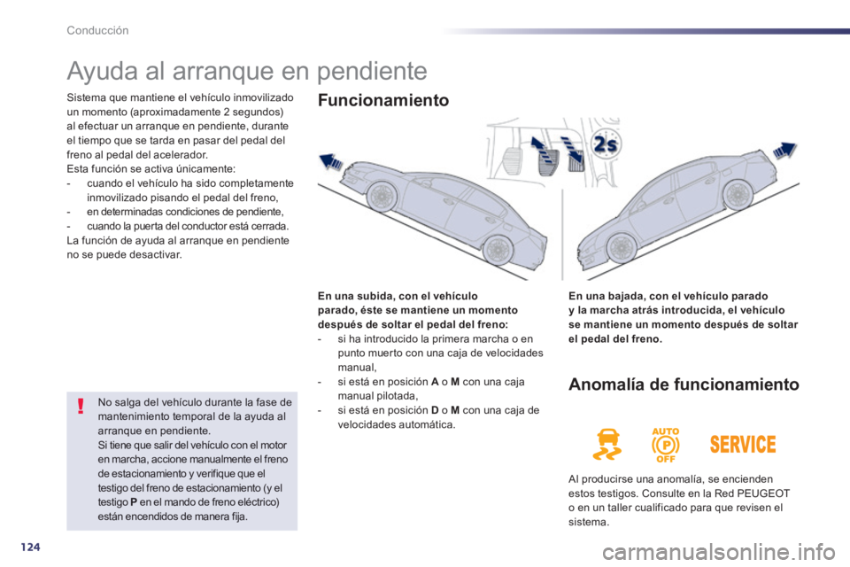 Peugeot 508 2014  Manual del propietario (in Spanish) 124
Conducción
508_es_Chap04_conduite_ed01-2014
      
Ayuda al arranque en pendiente 
 Sistema que mantiene el vehículo inmovilizado un momento (aproximadamente 2 segundos) al efectuar un arranque 