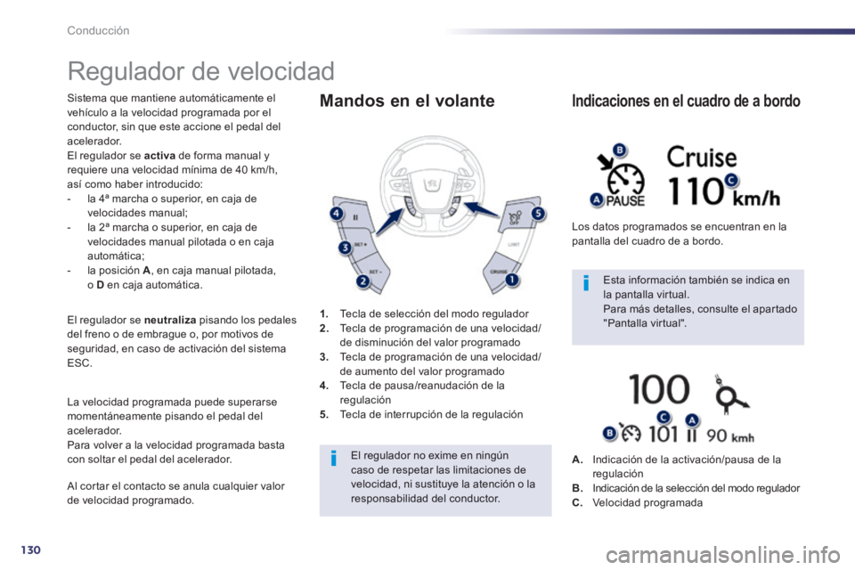 Peugeot 508 2014  Manual del propietario (in Spanish) 130
Conducción
508_es_Chap04_conduite_ed01-2014
      
Regulador de velocidad 
 Sistema que mantiene automáticamente el vehículo a la velocidad programada por el conductor, sin que este accione el 