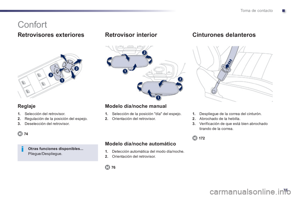 Peugeot 508 2014  Manual del propietario (in Spanish) .
13
Toma de contacto
 Confort 
  Retrovisores  exteriores 
  Reglaje 
1.   Selección del retrovisor. 2.   Regulación de la posición del espejo. 3.   Deselección  del  retrovisor.   
74
Otras func