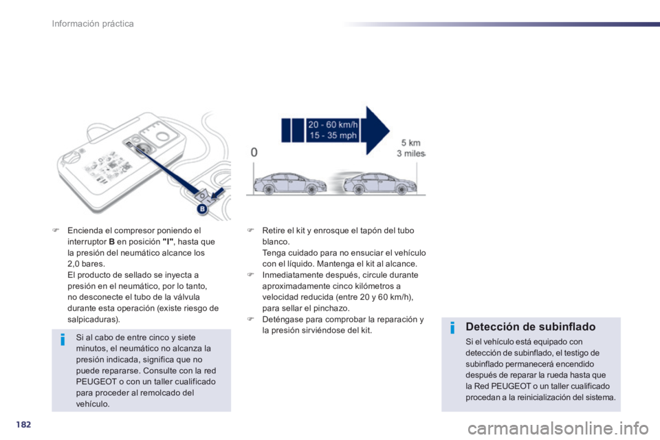Peugeot 508 2014 Manual del propietario (in Spanish) 182
Información práctica
508_es_Chap08_info pratiques_ed01-2014
Si al cabo de entre cinco y siete minutos, el neumático no alcanza la presión indicada, significa que no
puede repararse. Consult Peugeot 508 2014 Manual del propietario (in Spanish) 182
Información práctica
508_es_Chap08_info pratiques_ed01-2014
Si al cabo de entre cinco y siete minutos, el neumático no alcanza la presión indicada, significa que no
puede repararse. Consult