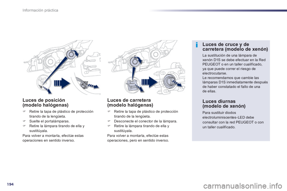 Peugeot 508 2014  Manual del propietario (in Spanish) 194
Información práctica
508_es_Chap08_info pratiques_ed01-2014
Luces de posición (modelo halógenas) 
   Retire la tapa de plástico de protección tirando de la lengüeta.    Suelte el port