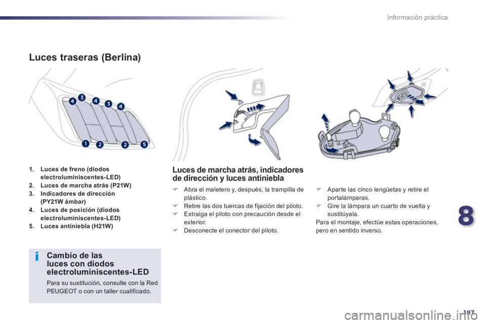 Peugeot 508 2014  Manual del propietario (in Spanish) 8
197
Información práctica
508_es_Chap08_info pratiques_ed01-2014
1.    Luces de freno (diodos electroluminiscentes-LED)2.    Luces de marcha atrás (P21W)3.    Indicadores de dirección (PY21W ámb