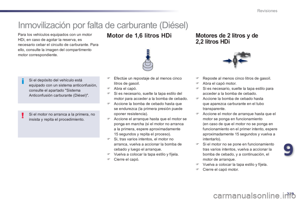 Peugeot 508 2014  Manual del propietario (in Spanish) 9
219
Revisiones
  Para los vehículos equipados con un motor HDi, en caso de agotar la reserva, es necesario cebar el circuito de carburante. Para ello, consulte la imagen del compartimento motor  co