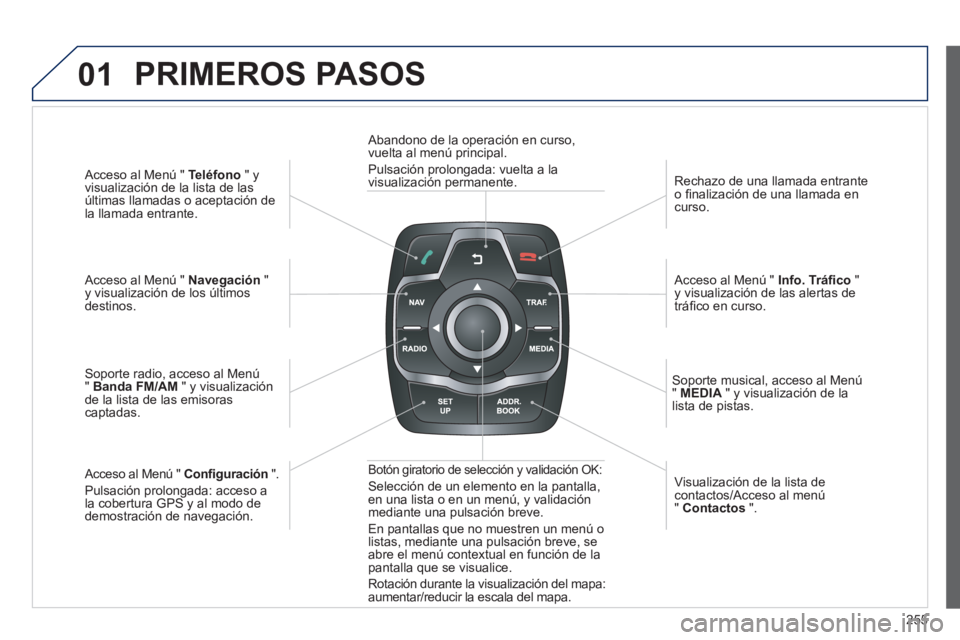 Peugeot 508 2014  Manual del propietario (in Spanish) 255
01
508_es_Chap11c_RT6_ed01-2014
  Acceso  al  Menú  "  Teléfono  "  y visualización de la lista de las últimas llamadas o aceptación de la  llamada  entrante.   
  Acceso al Menú "  Navegaci