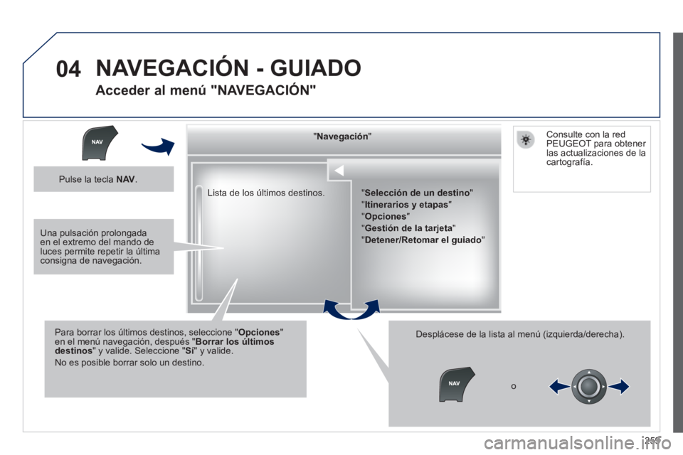 Peugeot 508 2014  Manual del propietario (in Spanish) 259
04
508_es_Chap11c_RT6_ed01-2014
 Lista de los últimos destinos.  
  "   "   "   "   "   "   "   "   "   "   "   "   "   "   "   "   "   "   "   "   "   "   " NavegaciónNavegaciónNavegaciónNave