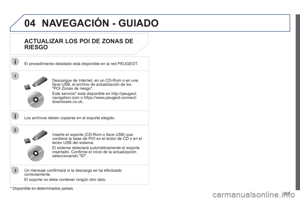 Peugeot 508 2014  Manual del propietario (in Spanish) 265
04
508_es_Chap11c_RT6_ed01-2014
 NAVEGACIÓN - GUIADO 
  ACTUALIZAR LOS POI DE ZONAS DE 
RIESGO 
  El procedimiento detallado está disponible en la red PEUGEOT.  
  Los archivos deben copiarse en