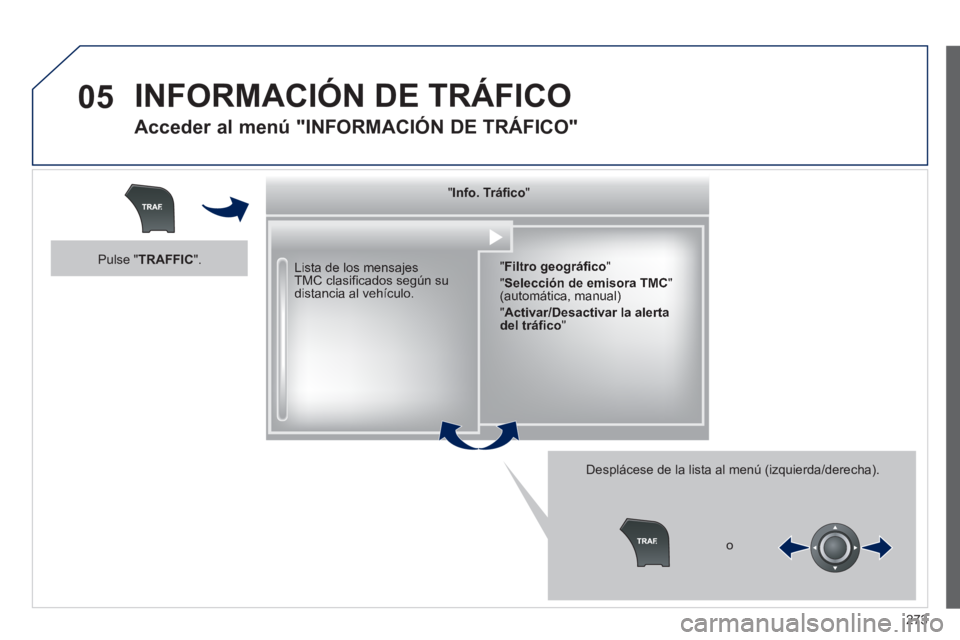 Peugeot 508 2014  Manual del propietario (in Spanish) 273
05
508_es_Chap11c_RT6_ed01-2014
 INFORMACIÓN DE TRÁFICO 
  Acceder al menú "INFORMACIÓN DE TRÁFICO" 
  Lista de los mensajes TMC clasiﬁ cados según su distancia al vehículo.  
  Despláce