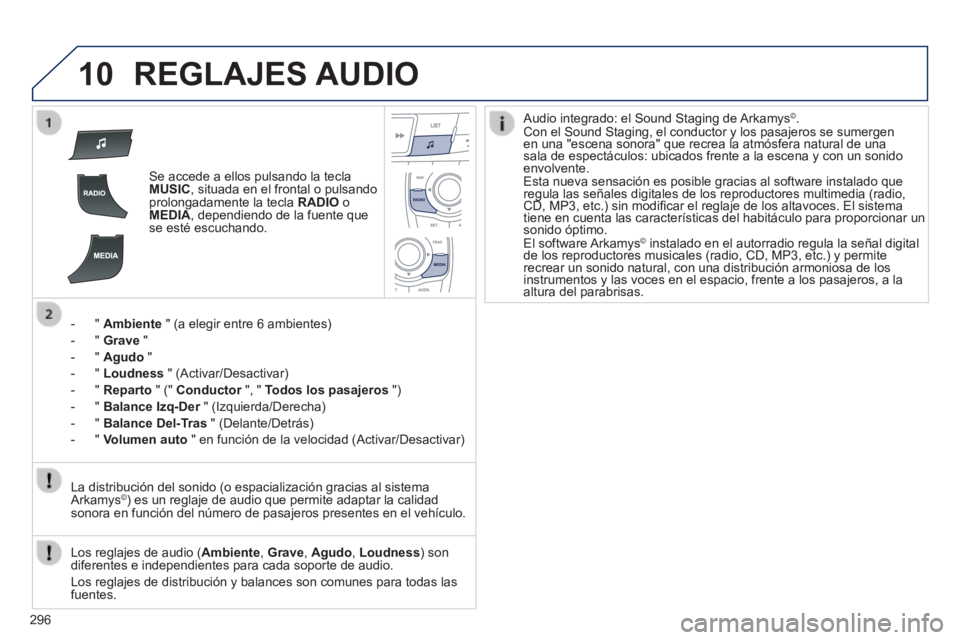 Peugeot 508 2014 Manual del propietario (in Spanish) 296
10
508_es_Chap11c_RT6_ed01-2014
REGLAJES AUDIO
Se accede a ellos pulsando la tecla MUSIC , situada en el frontal o pulsando prolongadamente la tecla RADIO o MEDIA , dependiendo de la fuen Peugeot 508 2014 Manual del propietario (in Spanish) 296
10
508_es_Chap11c_RT6_ed01-2014
REGLAJES AUDIO
Se accede a ellos pulsando la tecla MUSIC , situada en el frontal o pulsando prolongadamente la tecla RADIO o MEDIA , dependiendo de la fuen