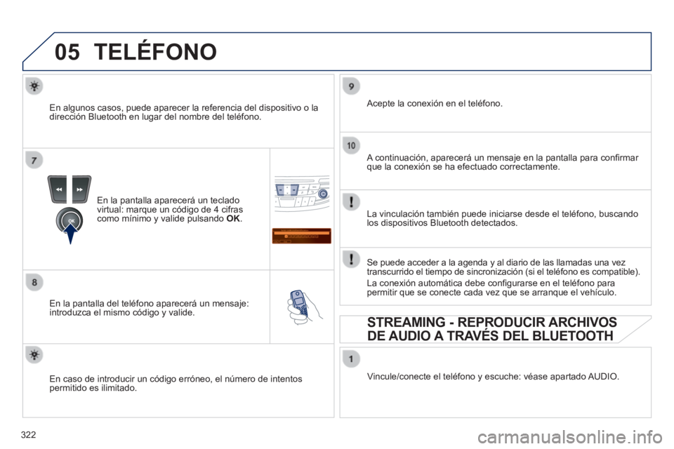Peugeot 508 2014 Manual del propietario (in Spanish) 322
05
Saisir code authentification
01
OK Del 23456789
_
508_es_Chap11d_RD5_ed01-2014
TELÉFONO
En la pantalla aparecerá un teclado virtual: marque un código de 4 cifras como mínimo y valide pu Peugeot 508 2014 Manual del propietario (in Spanish) 322
05
Saisir code authentification
01
OK Del 23456789
_
508_es_Chap11d_RD5_ed01-2014
TELÉFONO
En la pantalla aparecerá un teclado virtual: marque un código de 4 cifras como mínimo y valide pu