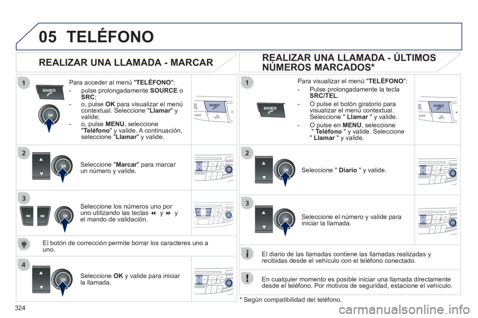 Peugeot 508 2014 Manual del propietario (in Spanish) 324
05
508_es_Chap11d_RD5_ed01-2014
TELÉFONO
Para acceder al menú " TELÉFONO ":
- pulse prolongadamente SOURCE o SRC ; - o, pulse OK para visualizar el menú contextual. Peugeot 508 2014 Manual del propietario (in Spanish) 324
05
508_es_Chap11d_RD5_ed01-2014
TELÉFONO
Para acceder al menú " TELÉFONO ":
- pulse prolongadamente SOURCE o SRC ; - o, pulse OK para visualizar el menú contextual.
