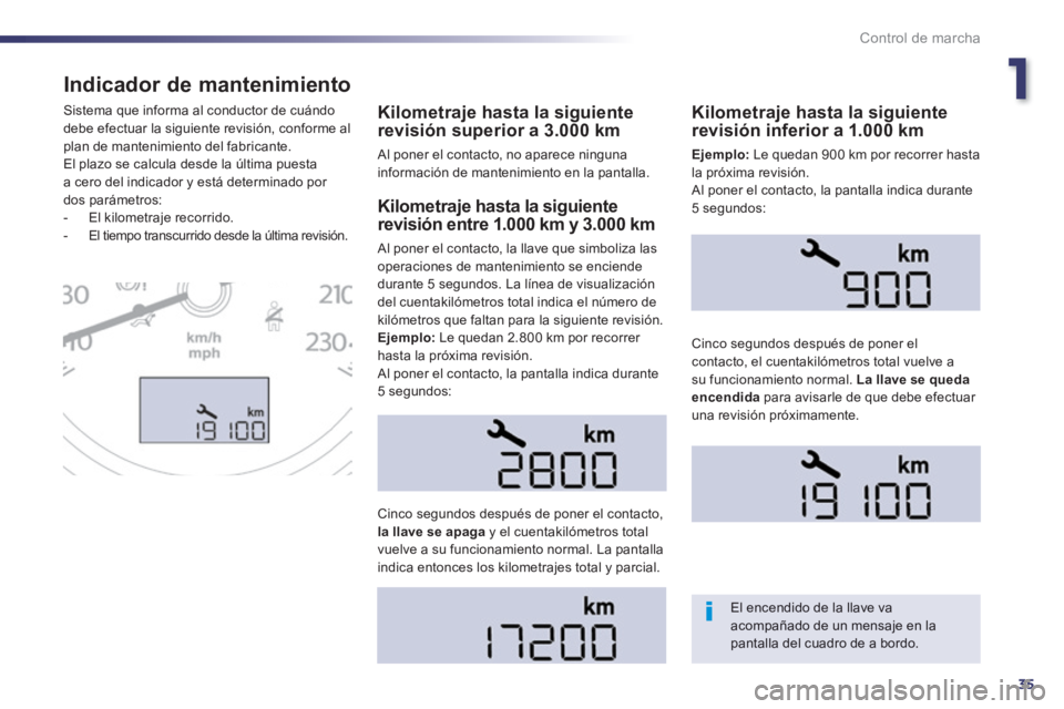 Peugeot 508 2014  Manual del propietario (in Spanish) 1
35
Control de marcha
508_es_Chap01_controle de marche_ed01-2014
Indicador de mantenimiento 
  Kilometraje hasta la siguiente revisión superior a 3.000 km 
 Al poner el contacto, no aparece ninguna 