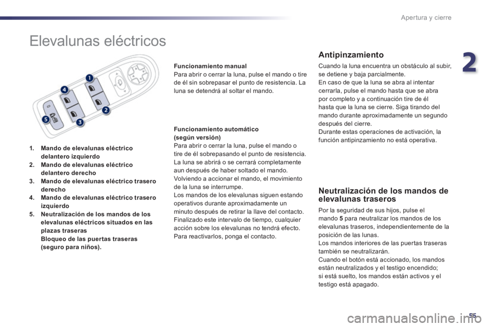 Peugeot 508 2014 Manual del propietario (in Spanish) 2
55
Apertura y cierre
508_es_Chap02_ouvertures_ed01-2014
Elevalunas eléctricos
1. Mando de elevalunas eléctrico delantero izquierdo2. Mando de elevalunas eléctrico delantero derecho3. Peugeot 508 2014 Manual del propietario (in Spanish) 2
55
Apertura y cierre
508_es_Chap02_ouvertures_ed01-2014
Elevalunas eléctricos
1. Mando de elevalunas eléctrico delantero izquierdo2. Mando de elevalunas eléctrico delantero derecho3.
