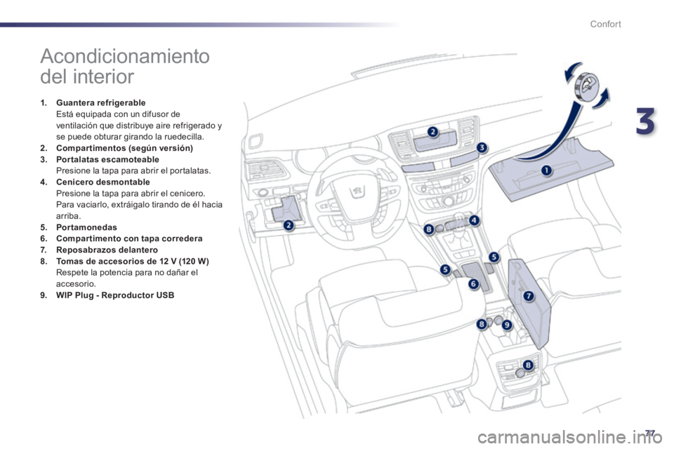 Peugeot 508 2014  Manual del propietario (in Spanish) 3
77
Confort
508_es_Chap03_confort_ed01-2014
                  Acondicionamiento 
del interior 
1.    Guantera refrigerable       Está equipada con un difusor de ventilación que distribuye aire refr