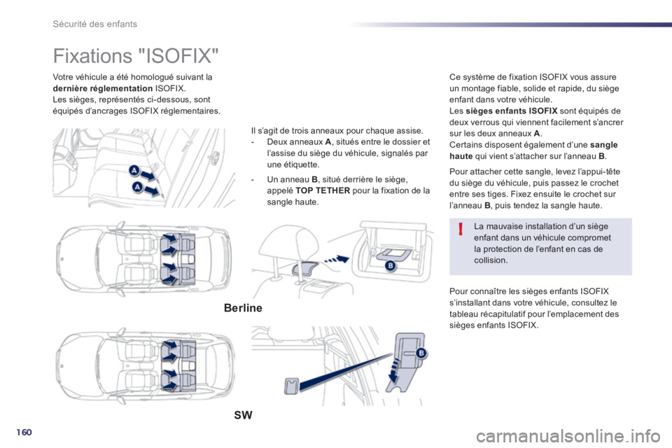 Peugeot 508 2014 Manuel du propriétaire (in French) 160
!
Sécurité des enfants
Votre véhicule a été homologué suivant la dernière réglementation ISOFIX. Les sièges, représentés ci-dessous, sont équipés d’ancrages ISOFIX réglementai Peugeot 508 2014 Manuel du propriétaire (in French) 160
!
Sécurité des enfants
Votre véhicule a été homologué suivant la dernière réglementation ISOFIX. Les sièges, représentés ci-dessous, sont équipés d’ancrages ISOFIX réglementai