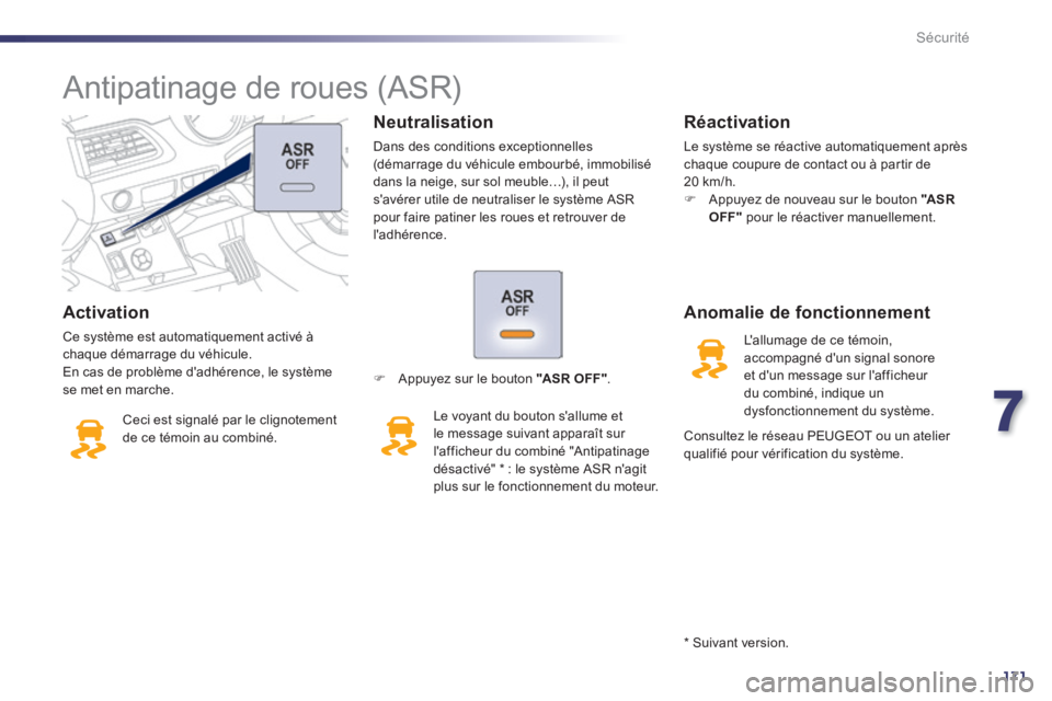 Peugeot 508 2014 Manuel du propriétaire (in French) 7
171
Sécurité
Activation
Ce système est automatiquement activé à chaque démarrage du véhicule. En cas de problème dadhérence, le système se met en marche.
Ceci est signalé par le c Peugeot 508 2014 Manuel du propriétaire (in French) 7
171
Sécurité
Activation
Ce système est automatiquement activé à chaque démarrage du véhicule. En cas de problème dadhérence, le système se met en marche.
Ceci est signalé par le c