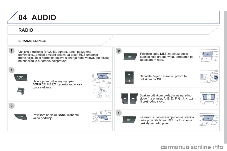 Peugeot 508 2014  Vodič za korisnike (in Croatian) 3 11
04
508_hr_Chap11d_RD5_ed01-2014
 AUDIO 
  Uzastopnim pritiscima na tipku SOURCE  ili  SRC  izaberite radio kao izvor slušanja.  
  Pritiskom na tipku  BAND  izaberite valno područje.  
  Pritis