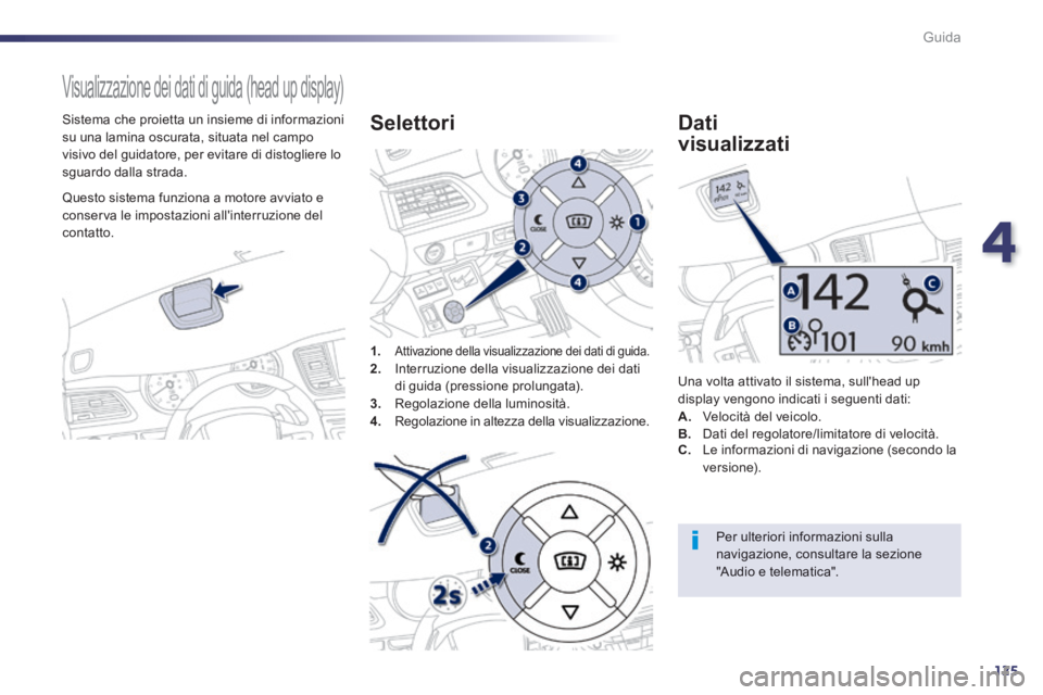 Peugeot 508 2014  Manuale del proprietario (in Italian) 4
125
Guida
508_IT_Chap04_conduite_ed01-2014
     Visualizzazione dei dati di guida (head up display) 
  Sistema che proietta un insieme di informazioni su una lamina oscurata, situata nel campo visiv