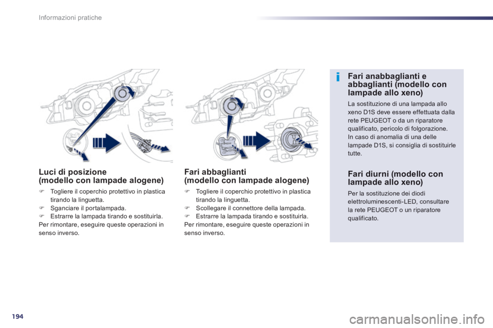 Peugeot 508 2014  Manuale del proprietario (in Italian) 194
Informazioni pratiche
508_IT_Chap08_info pratiques_ed01-2014
Luci di posizione (modello con lampade alogene) 
   Togliere il coperchio protettivo in plastica tirando la linguetta.    Sgancia