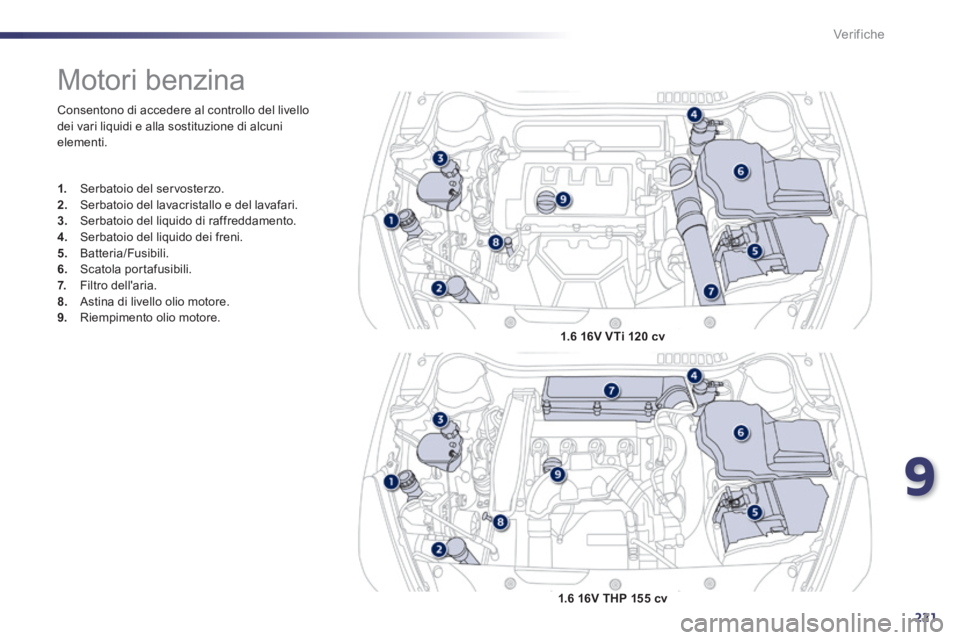 Peugeot 508 2014  Manuale del proprietario (in Italian) 9
221
Verifiche
 Consentono di accedere al controllo del livello dei vari liquidi e alla sostituzione di alcuni elementi. 
               Motori benzina 
1.   Serbatoio del servosterzo. 2.   Serbatoio