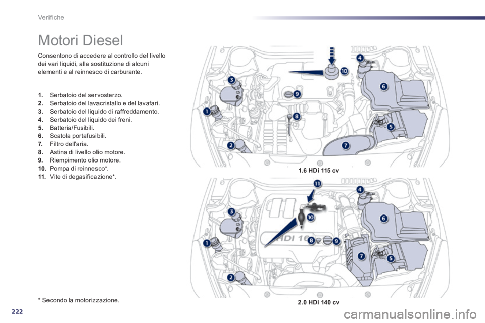 Peugeot 508 2014  Manuale del proprietario (in Italian) 222
Verifiche
 Consentono di accedere al controllo del livello dei vari liquidi, alla sostituzione di alcuni elementi e al reinnesco di carburante. 
  *    Secondo  la  motorizzazione.  
            
