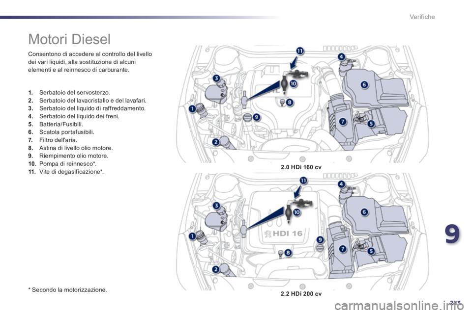 Peugeot 508 2014  Manuale del proprietario (in Italian) 9
223
Verifiche
 Consentono di accedere al controllo del livello dei vari liquidi, alla sostituzione di alcuni elementi e al reinnesco di carburante. 
  *    Secondo  la  motorizzazione.  
           