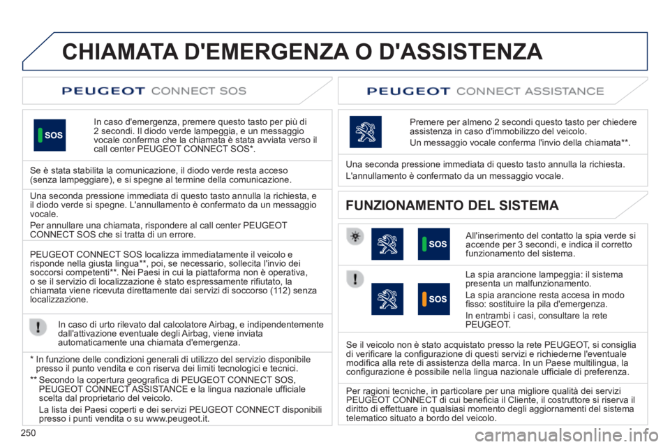 Peugeot 508 2014  Manuale del proprietario (in Italian) 250
CHIAMATA DEMERGENZA O DASSISTENZA  
  In caso demergenza, premere questo tasto per più di 2 secondi. Il diodo verde lampeggia, e un messaggio vocale conferma che la chiamata è stata avviata v