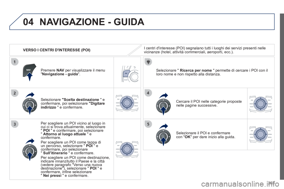 Peugeot 508 2014  Manuale del proprietario (in Italian) 263
04
508_IT_Chap11c_RT6_ed01-2014
   VERSO I CENTRI DINTERESSE (POI) 
 NAVIGAZIONE - GUIDA 
 I centri dinteresse (POI) segnalano tutti i luoghi dei servizi presen\
ti nelle vicinanze (hotel, attiv