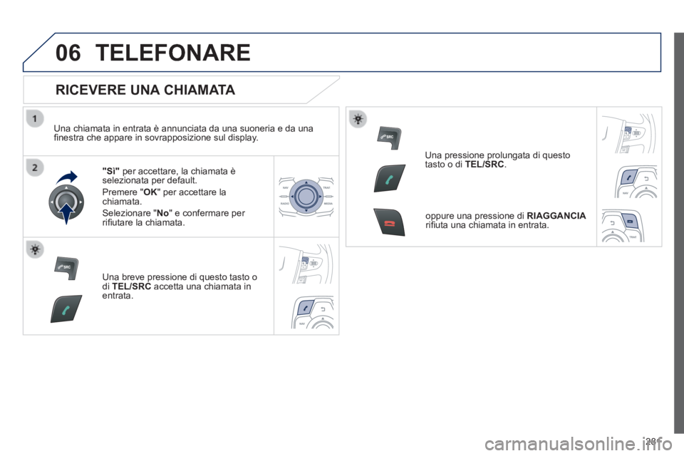 Peugeot 508 2014  Manuale del proprietario (in Italian) 281
06
508_IT_Chap11c_RT6_ed01-2014
 TELEFONARE 
  RICEVERE  UNA  CHIAMATA 
  Una chiamata in entrata è annunciata da una suoneria e da una ﬁ nestra che appare in sovrapposizione sul display.  
"S