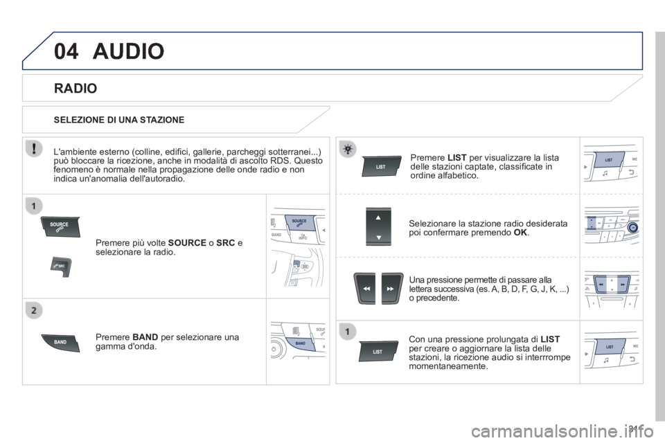 Peugeot 508 2014  Manuale del proprietario (in Italian) 3 11
04
508_IT_Chap11d_RD5_ed01-2014
 AUDIO 
  Premere più volte  SOURCE  o  SRC   e selezionare la radio.  
  Premere   BAND  per selezionare una gamma  donda.  
  Premere   LIST  per visualizzare 