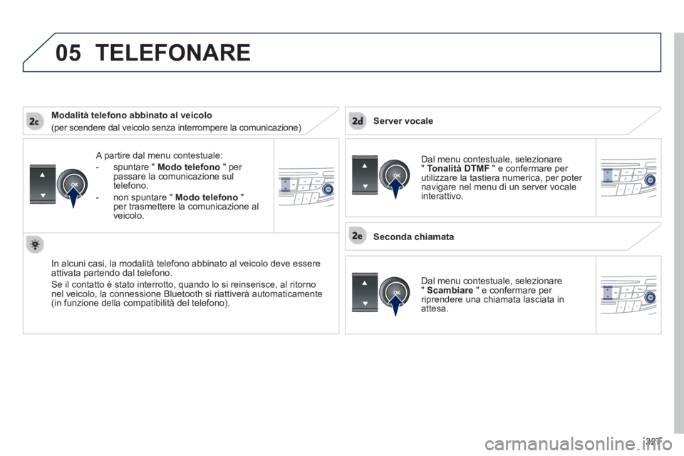 Peugeot 508 2014  Manuale del proprietario (in Italian) 327
05
 
508_IT_Chap11d_RD5_ed01-2014
  A partire dal menu contestuale: 
   -   spuntare  "   Modo telefono  " per passare la comunicazione sul telefono. 
  -   non  spuntare  "   Modo telefono   " pe