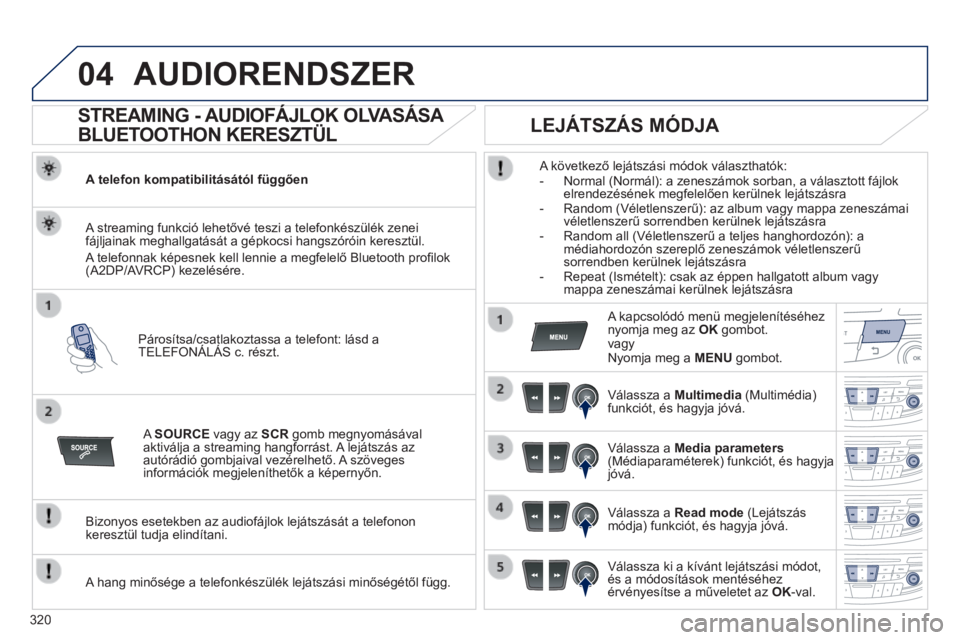 Peugeot 508 2014 Kezelési útmutató (in Hungarian) 320
04
508_hu_Chap11d_RD5_ed01-2014
AUDIORENDSZER
STREAMING - AUDIOFÁJLOK OLVASÁSA
BLUETOOTHON KERESZTÜL
A telefon kompatibilitásától függően
Párosítsa/csatlakoztassa a tel Peugeot 508 2014 Kezelési útmutató (in Hungarian) 320
04
508_hu_Chap11d_RD5_ed01-2014
AUDIORENDSZER
STREAMING - AUDIOFÁJLOK OLVASÁSA
BLUETOOTHON KERESZTÜL
A telefon kompatibilitásától függően
Párosítsa/csatlakoztassa a tel
