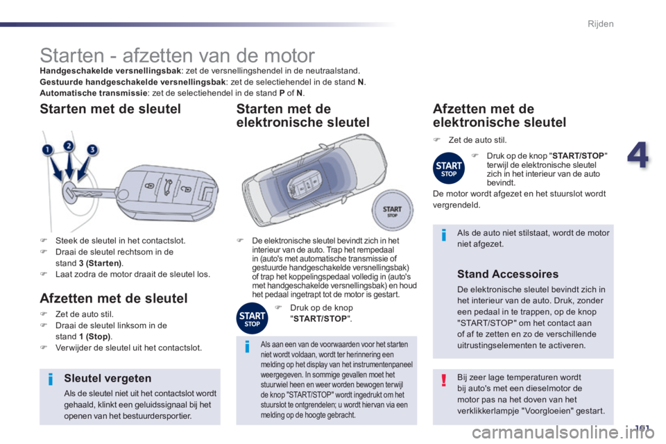 Peugeot 508 2014  Handleiding (in Dutch) 4
101
Rijden
508_nl_Chap04_conduite_ed01-2014
            Starten - afzetten van de motor Handgeschakelde versnellingsbak : zet de versnellingshendel in de neutraalstand. Gestuurde handgeschakelde ver