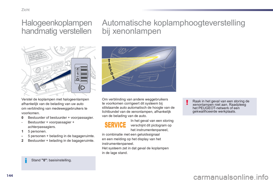 Peugeot 508 2014 Handleiding (in Dutch) 144
Zicht
Halogeenkoplampen
handmatig verstellen Automatische koplamphoogteverstelling
bij xenonlampen
Verstel de koplampen met halogeenlampen afhankelijk van de belading van uw Peugeot 508 2014 Handleiding (in Dutch) 144
Zicht
Halogeenkoplampen
handmatig verstellen Automatische koplamphoogteverstelling
bij xenonlampen
Verstel de koplampen met halogeenlampen afhankelijk van de belading van uw