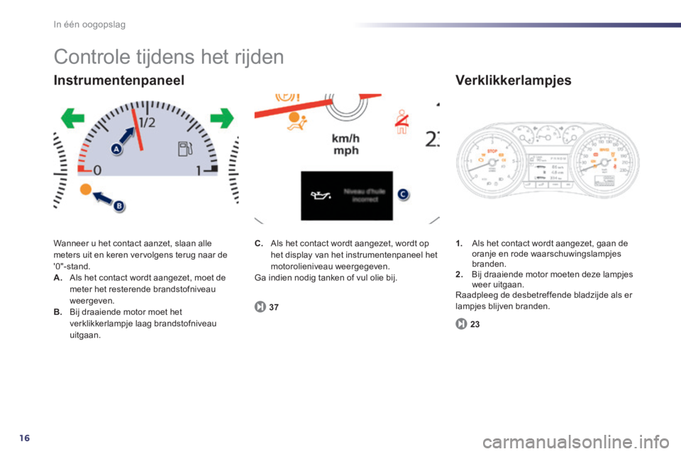 Peugeot 508 2014  Handleiding (in Dutch) 16
In één oogopslag
 Controle tijdens het rijden 
 Wanneer u het contact aanzet, slaan alle meters uit en keren vervolgens terug naar de 0"-stand. A.   Als het contact wordt aangezet, moet de meter