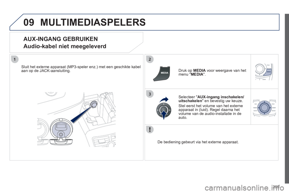 Peugeot 508 2014  Handleiding (in Dutch) 295
09
508_nl_Chap11c_RT6_ed01-2014
 MULTIMEDIASPELERS 
  AUX-INGANG  GEBRUIKEN  
Audio-kabel niet meegeleverd 
  Sluit het externe apparaat (MP3-speler enz.) met een geschikte kabel aan op de JACK-aa