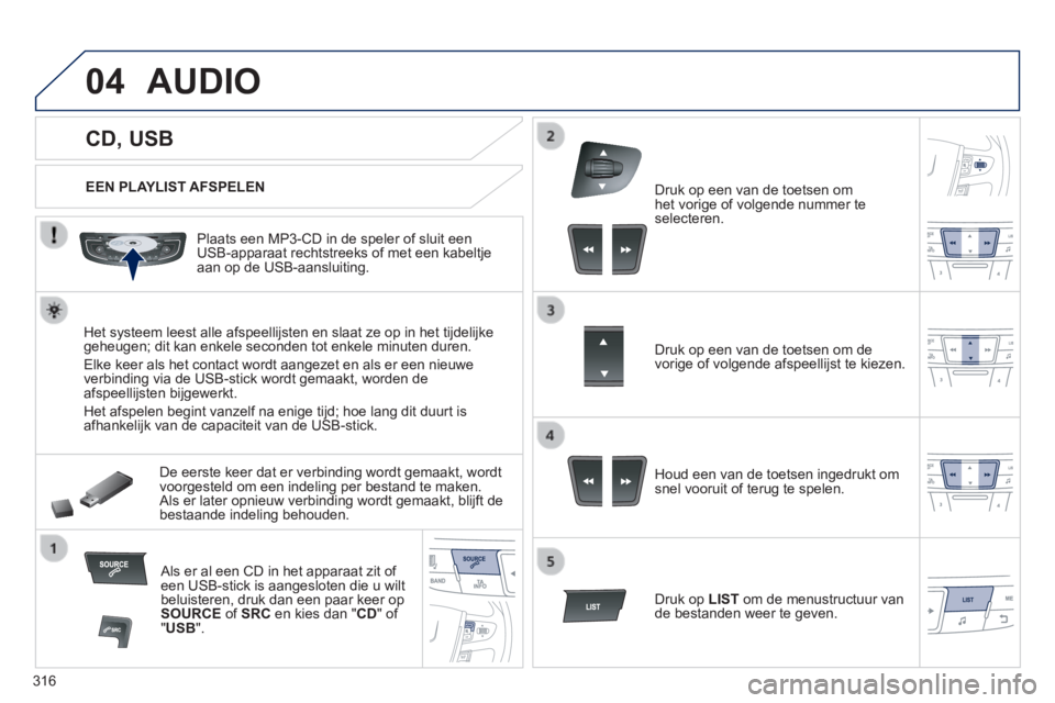 Peugeot 508 2014 Handleiding (in Dutch) 316
04
508_nl_Chap11d_RD5_ed01-2014
CD, USB
AUDIO
EEN PLAYLIST AFSPELEN
Plaats een MP3-CD in de speler of sluit een USB-apparaat rechtstreeks of met een kabeltje aan op de USB- Peugeot 508 2014 Handleiding (in Dutch) 316
04
508_nl_Chap11d_RD5_ed01-2014
CD, USB
AUDIO
EEN PLAYLIST AFSPELEN
Plaats een MP3-CD in de speler of sluit een USB-apparaat rechtstreeks of met een kabeltje aan op de USB-