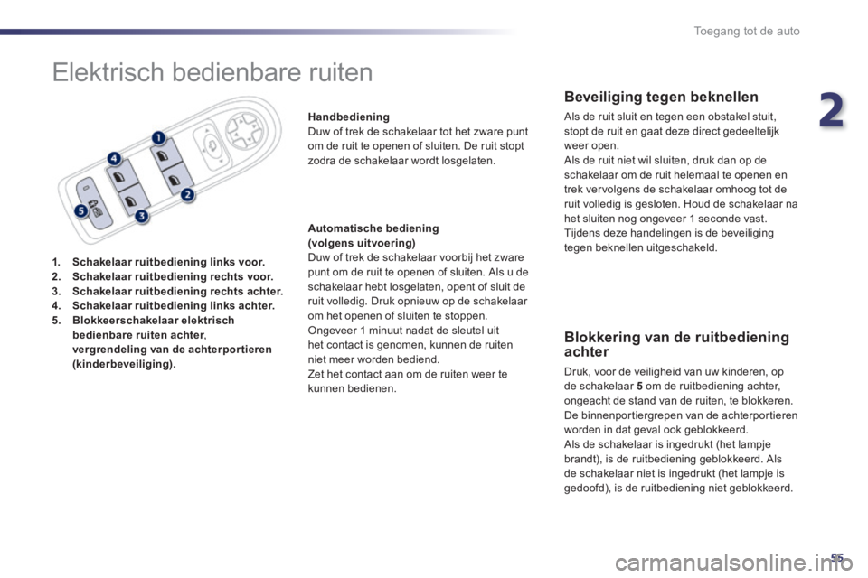 Peugeot 508 2014  Handleiding (in Dutch) 2
55
Toegang tot de auto
508_nl_Chap02_ouvertures_ed01-2014
 Elektrisch bedienbare ruiten 
1.    Schakelaar ruitbediening links voor.2.    Schakelaar ruitbediening rechts voor.3.    Schakelaar ruitbed