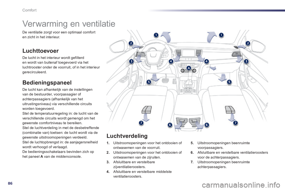 Peugeot 508 2014  Handleiding (in Dutch) 86
Comfort
508_nl_Chap03_confort_ed01-2014
         Verwarming en ventilatie 
  Luchttoevoer 
 De lucht in het interieur wordt gefilterd en wordt van buitenaf toegevoerd via het luchtrooster onder de 
