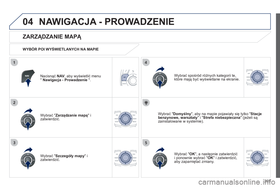 Peugeot 508 2014  Instrukcja Obsługi (in Polish) 269
04
508_pl_Chap11c_RT6_ed01-2014
 NAWIGACJA - PROWADZENIE 
  Nacisnąć  N AV , aby wyświetlić menu "  Nawigacja - Prowadzenie  ".  
  ZARZĄDZANIE MAPĄ 
  WYBÓR POI WYŚWIETLANYCH NA M