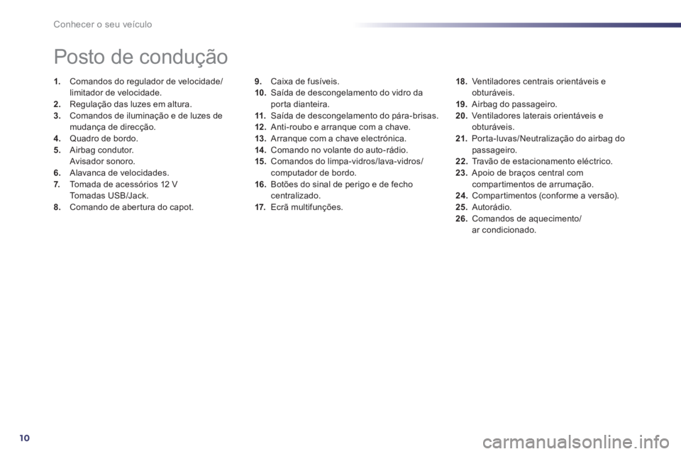Peugeot 508 2014 Manual do proprietário (in Portuguese) 10Conhecer o seu veículo
9. Caixa de fusíveis. 10. Saída de descongelamento do vidro da porta dianteira. 11. Saída de descongelamento do pára-brisas. 12 . Anti-roubo e arranque com a chav Peugeot 508 2014 Manual do proprietário (in Portuguese) 10Conhecer o seu veículo
9. Caixa de fusíveis. 10. Saída de descongelamento do vidro da porta dianteira. 11. Saída de descongelamento do pára-brisas. 12 . Anti-roubo e arranque com a chav