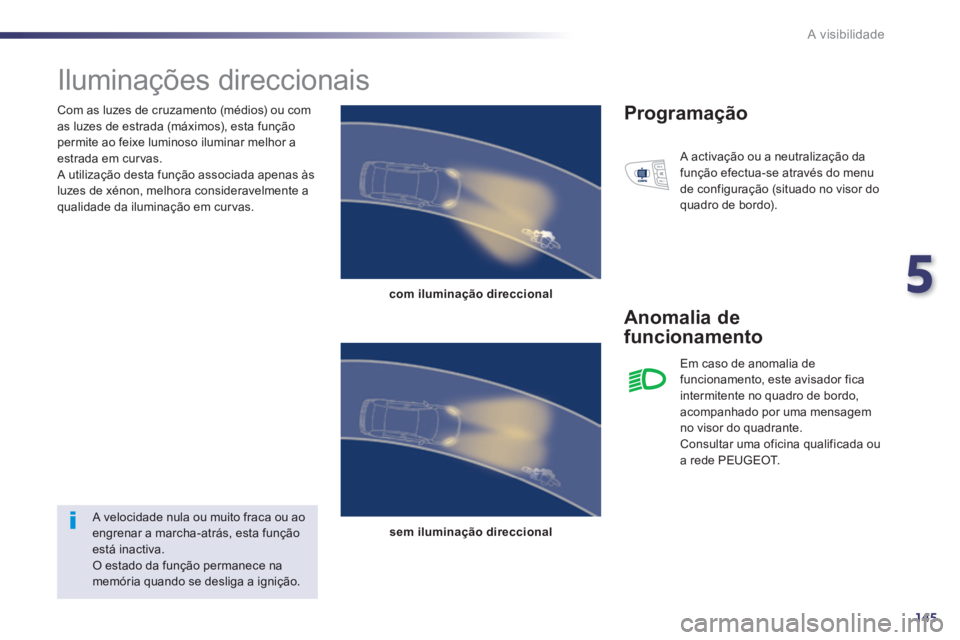 Peugeot 508 2014  Manual do proprietário (in Portuguese) 5
145
A visibilidade
  Com as luzes de cruzamento (médios) ou com as luzes de estrada (máximos), esta função permite ao feixe luminoso iluminar melhor a estrada em curvas.  A utilização desta fu