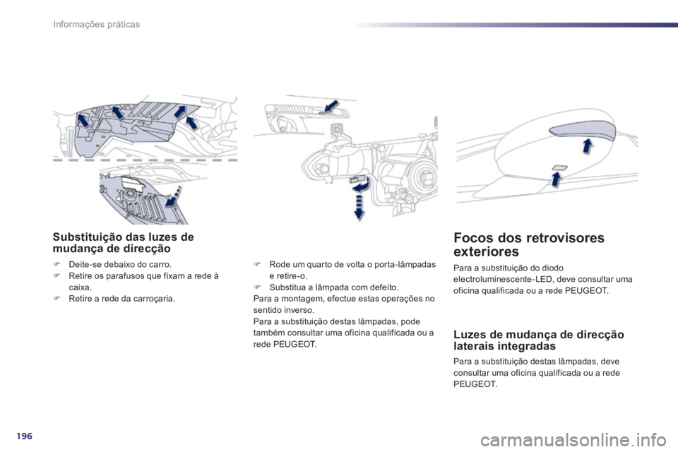 Peugeot 508 2014  Manual do proprietário (in Portuguese) 196
Informações práticas
508_pt_Chap08_info pratiques_ed01-2014
Substituição das luzes de mudança de direcção 
   Deite-se debaixo do carro.    Retire os parafusos que fixam a rede à ca