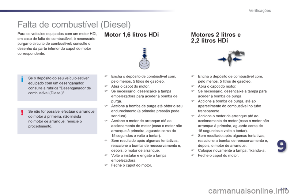 Peugeot 508 2014  Manual do proprietário (in Portuguese) 9
219
Verificações
  Para os veículos equipados com um motor HDi, em caso de falta de combustível, é necessário purgar o circuito de combustível; consulte o desenho da parte inferior do capot d