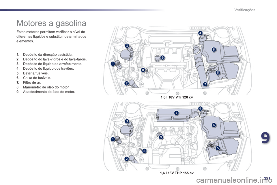 Peugeot 508 2014  Manual do proprietário (in Portuguese) 9
221
Verificações
 Estes motores permitem verificar o nível de diferentes líquidos e substituir determinados elementos. 
               Motores a gasolina 
1.   Depósito da direcção assistida.