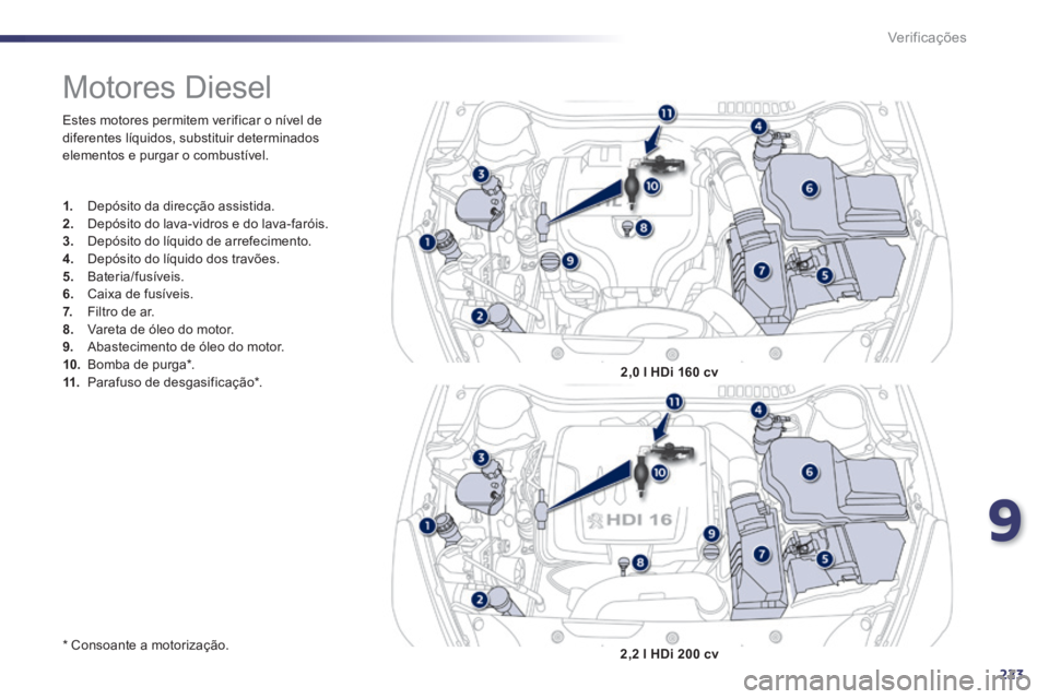 Peugeot 508 2014  Manual do proprietário (in Portuguese) 9
223
Verificações
 Estes motores permitem verificar o nível de diferentes líquidos, substituir determinados elementos e purgar o combustível. 
  *    Consoante  a  motorização.  
           Mo