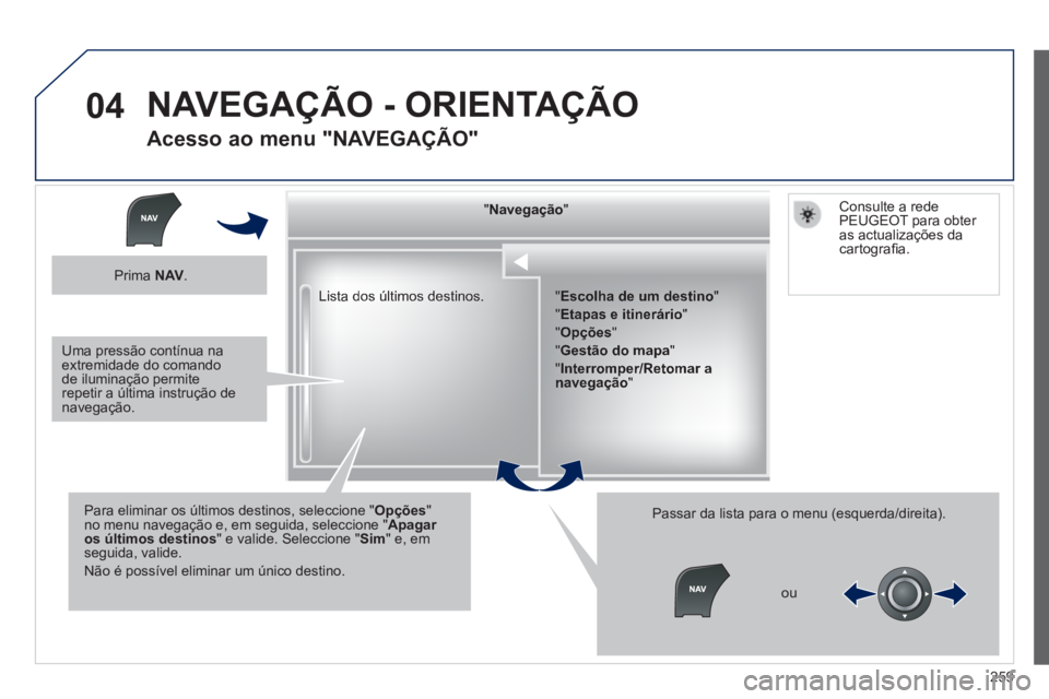 Peugeot 508 2014  Manual do proprietário (in Portuguese) 259
04
508_pt_Chap11c_RT6_ed01-2014
 Lista dos últimos destinos.  
  "   "   "   "   "   "   "   "   "   "   "   "   "   "   "   "   "   "   "   "   "   "   " NavegaçãoNavegaçãoNavegaçãoNavega