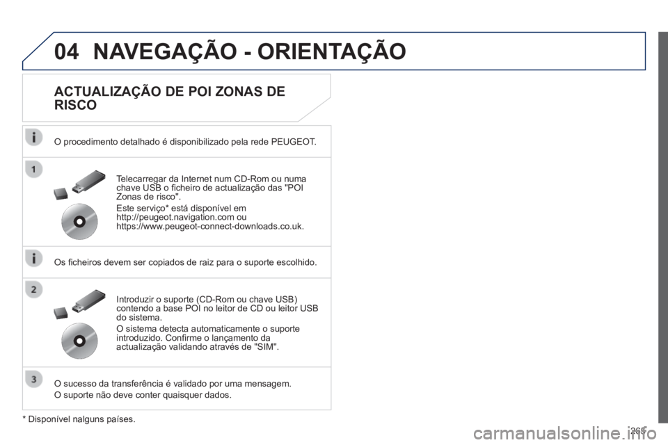 Peugeot 508 2014  Manual do proprietário (in Portuguese) 265
04
508_pt_Chap11c_RT6_ed01-2014
 NAVEGAÇÃO - ORIENTAÇÃO 
  ACTUALIZAÇÃO DE POI ZONAS DE 
RISCO 
  O procedimento detalhado é disponibilizado pela rede PEUGEOT.  
  Os ﬁ cheiros devem ser 